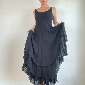 Vintage 90s BONNIE STRAUSS Black Sheer Rayon Maxi Dress - Size M/L